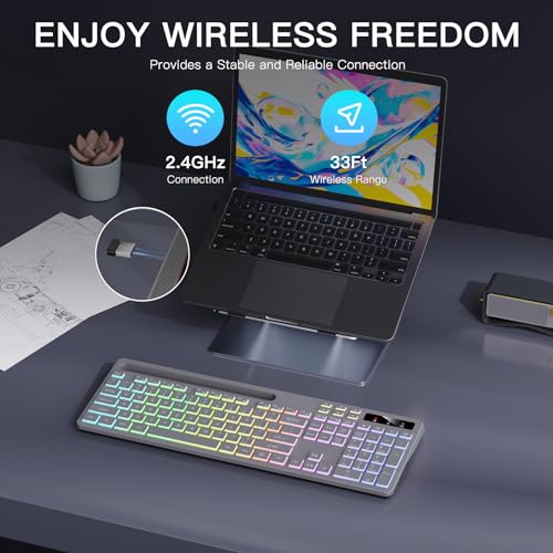 Image of Soueto Wireless Keyboard with 7-Color RGB Backlit, Full-Size Computer Keyboard with Phone Tablet Holder, 2.4G Rechargeable Gaming Keyboard with Light Up Keys, Compatible with Mac, Windows (Grey)