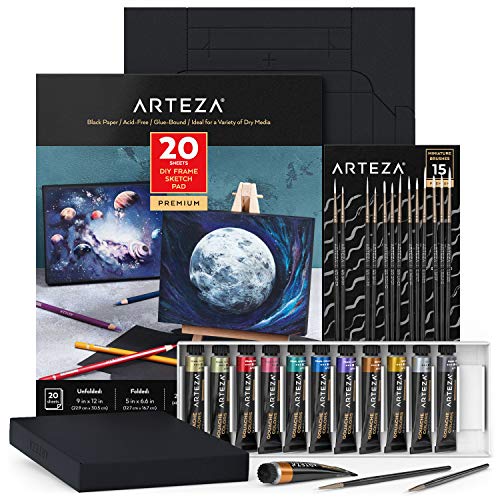 ARTEZA Metallic Gouache Paint Set with Black Canvas Paper, Includes 12 Gouache Colors, Foldable Canvas, DIY Art Kit for Artists & Beginners