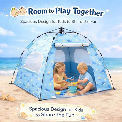 Image of Baby Beach Tent Pop Up Sun Shelter with UPF 50+ UV Protection, Silver-Coated Interior, Breathable Mesh Ventilation, Easy Setup, Wind-Stable Beach Shade for Infants & Toddlers