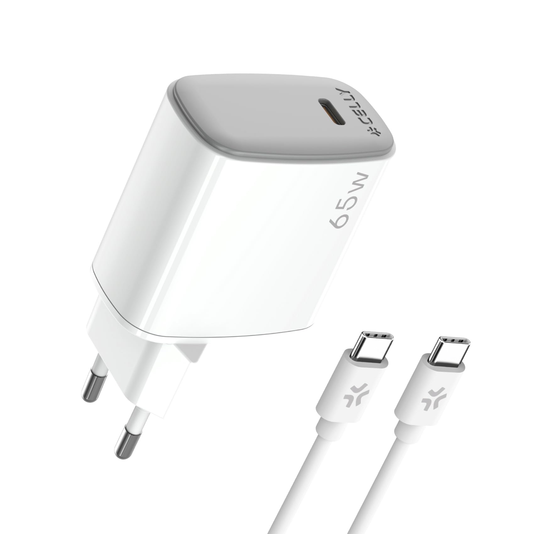 Celly UPTC1USBC65WCTC, ładowarka USB-C z kablem USB-C o długości 2 m w zestawie, przenośna ładowarka 65 W z technologią GaN, kompatybilna z różnymi modelami większości producentów