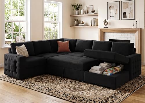 HONBAY Sectional Sleeper Sofa with Pull-Out Bed Storage Chaise, 6 Seater Couch for Living Room, Black