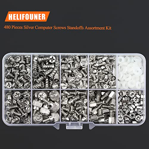 Helifouner 480 Pieces Computer Standoffs Screws Assortment Kit For 2.5" Ssd, Hard Drive, Computer Case, Motherboard, Fan Power Graphics With Screwdriver, Silver #TOP3