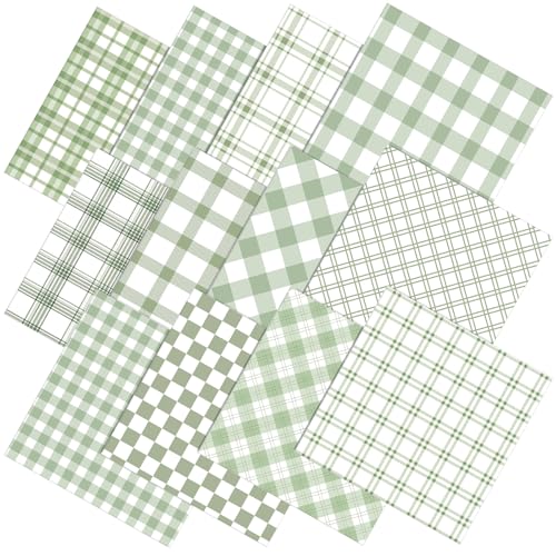 Moukeren 12 Pcs Sage Green Plaid Cotton Fabric Bundles 18 x 22 Inch Floral Fat Quarters by the Yard Flower Plaid Stripe Sewing Fabrics for Summer DIY Craft Party Decor