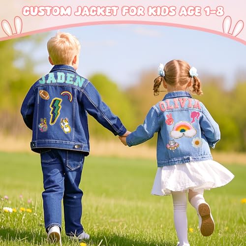 Personalized Kids Jean Jacket with Names, Custom Long Sleeve Toddler Jean Jacket, Baby Girls & Boys Denim Jackets Clothes, Birthday Back to School Outfits Christmas Easter Gifts for Kids 1-8 Years Old2