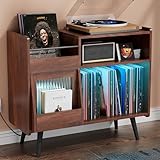 MULEJYBO Large Record Player Stand with Sliding Door,350 Vinyl Record Storage Cabinet, Record Player Table with Power Outlet and LED Light,Turntable Stand with Wood Legs for Living Room,Office