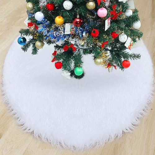 ROMROC 48 inches Christmas Tree Skirt Christmas Tree Decoration Faux Fur Christmas Tree Skirt White Plush Christmas Home Decorations Christmas Party