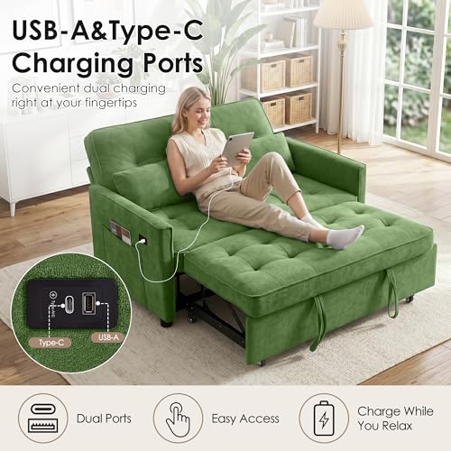 Image of Dreamzie 55'' 3 in 1 Convertible Sofa Bed with USB Charging Ports, Pull Out Couch with Adjustable Backrest and Side Pockets, Sleeper Sofa for Living Room, Apartment, RV, Easy Assembly - Green