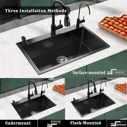 Fregadero cocina negro bajo sobre encimera evita salpicaduras con grifo extraíble 6