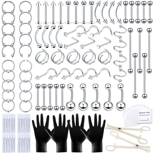 TKKUY 131PCS Piercing Kit for all Body Piercings Stainless Steel Piercing Jewelry with 12G 14G 16G...