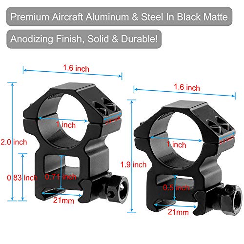 LONSEL 1\'\' Scope Rings, 2Pcs High Profile & 2Pcs Medium Profile 1 Inch Scope Mount Rings for Picatinny Rail (High Profile - 2 Pack)