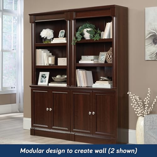 Image of Sauder Palladia Book Shelf, Bookshelf with Storage, Library Bookcase with Doors and Adjustable Shelves, in Select Cherry finish