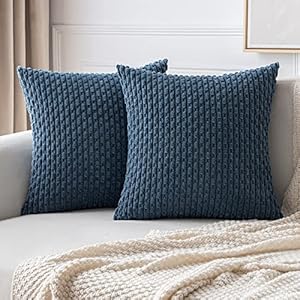 MIULEE Throw Pillow Covers Soft Corduroy Decorative Set of 2 Boho Striped Pillow Covers Pillowcases Farmhouse Home Decor for Couch Bed Sofa Living Room 18×18 Inch Blue