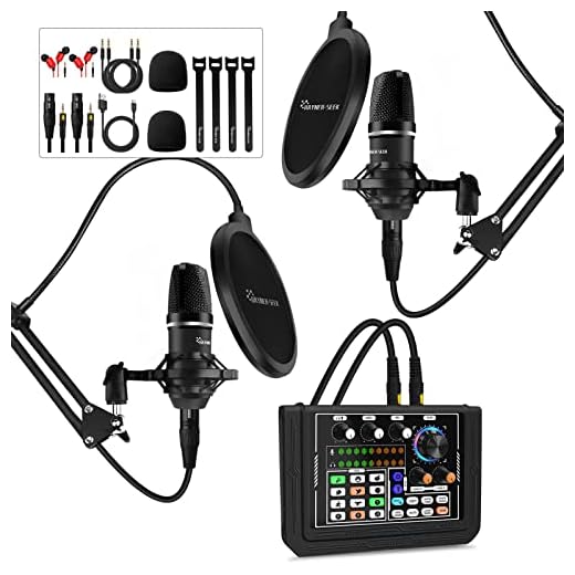 Hayner-Seek Audio Interface Podcast Equipment Bundle for 2 ALL-IN-ONE Kit Audio Interface with Sound DJ Mixer for Live Streaming/Recording/Gaming, Phone/PC/Laptop