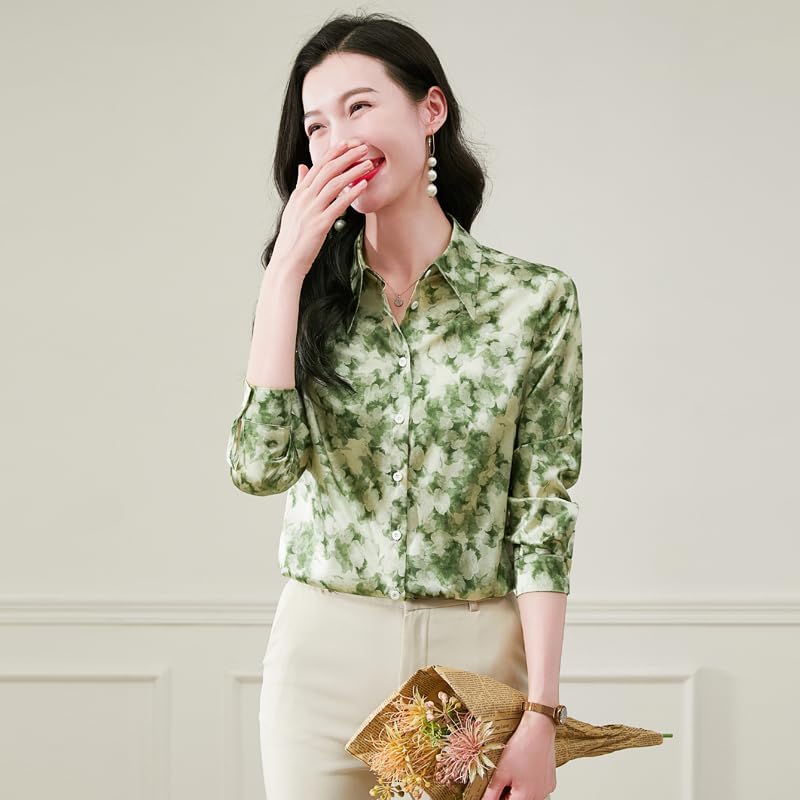 Floral Petal Print Turn-Down Collar Long Sleeve Women's Silk Blouse - Image 3