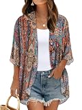 Women's Floral Kimono Print Puff Sleeve Loose Cardigan Cover Up Casual Blouse Tops (Bohemia Print, XL)