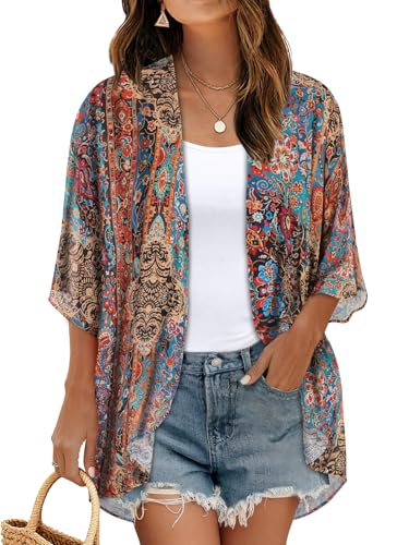 Women's Floral Kimono Print Puff Sleeve Loose Cardigan Cover Up Casual Blouse Tops (Bohemia Print, S)