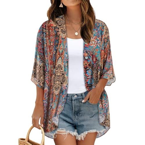 Women's Floral Kimono Print Puff Sleeve Loose Cardigan Cover Up Casual Blouse Tops (Bohemia Print, 3XL)