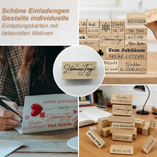 Stempelset 33 Stück Holzstempel mit Sprüchen und Motiven – Stempel Geburtstag, Einladung, Frohe Weihnachten, Happy birthday, Herz Stempel, Kreatives Stempel Set für Karten, DIY Deko
