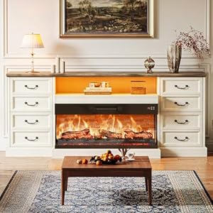 Huuger Fireplace TV Stand with LED Lights for 75 80 Inch TV, 3-Side Glass Fireplace Entertainment Center, 70 Inch Farmhouse TV Stand with 4 Deep Drawers for Living Room, Distressed White Huuger Fireplace TV Stand with LED Lights for 75 80 Inch TV 3 Side Glass Fireplace Entertainment Center 70 Inch Farmhouse TV Stand with 4 Deep Drawers for Living Room Distressed White