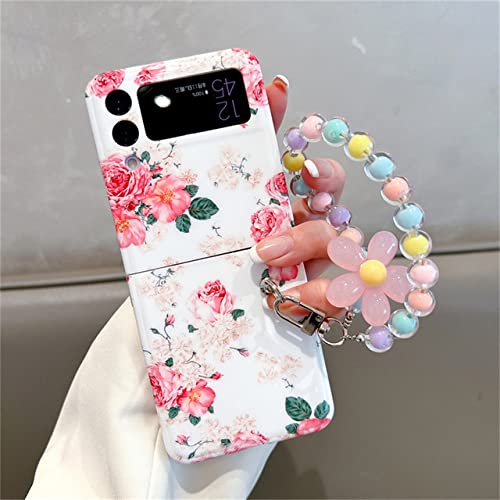 Coque Samsung Galaxy Z Flip 4 5G fleur pivoine et cordon perles