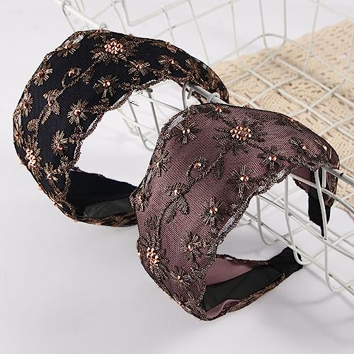 Leadigol 3 Pcs Lace Wide Floral Pearl Embroidery Headbands for Women, Crystal Korean Trendy Simple Flower Headwear