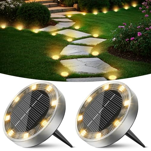 Peasur 2 Paquetes Luces Solares LED Exterior Jardin Suelo,8 LED Luz Solar Exterior Jardin, IP65 Impermeable Luces Solares para Patio, Camino, Césped, Blanco Cálido
