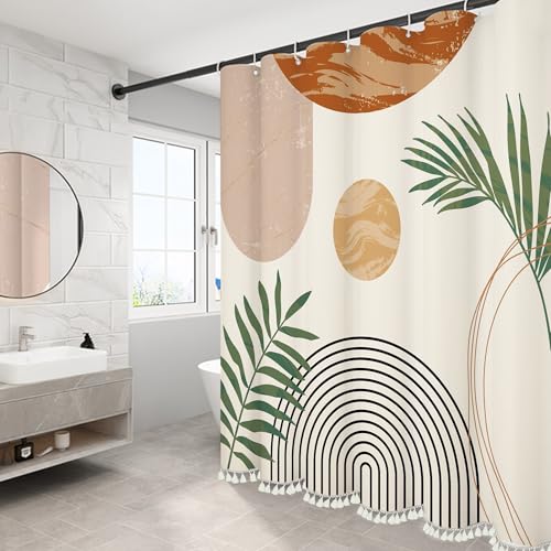 GiuMsi Boho Mid Century Leaf Shower Curtain Set,Arch Sun Design,Minimalistic Leaves Pattern,Waterproof and Luxurious Fabric-12 Hooks(Beige-72" x 84") by GiuMsi - Used condition - US$17.18