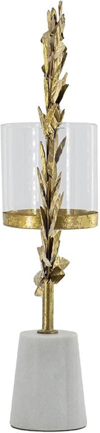 A & B Home 19.7 in H Gold and White Iron/Marble/Glass Floral Hurricane with Marble Base, Home Accent Décor