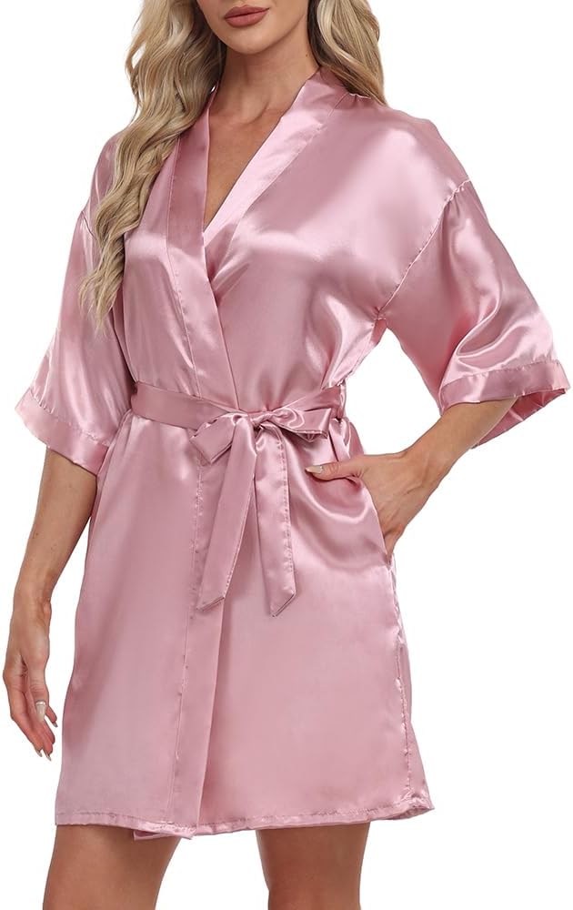 Women’s Short Robe Silky Satin Pure Color Bathrobe Bridesmaid Bride Party Kimono V-Neck Sleepwear with Pockets