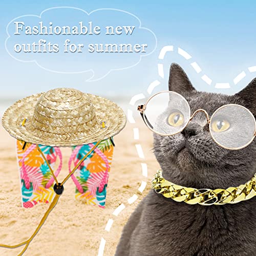 6Pcs Pet Dog Cat Costume, Retro Pet Sunglasses, Adjustable Gold Chain Collar & Summer Straw Hat, Funny Pet Accessories For Cat Puppy Small Medium Dog Birthday Cosplay Party #TOP3