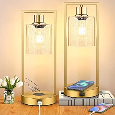 Gold Wireless Charging Lamps for Bedrooms Set of 2, Bedside Touch Table Lamps 3-Way Dimmable, Bubble Glass Lamp Sets for Living Room Nightstands End Tables Office, USB Port, E26 LED Bulbs Covered