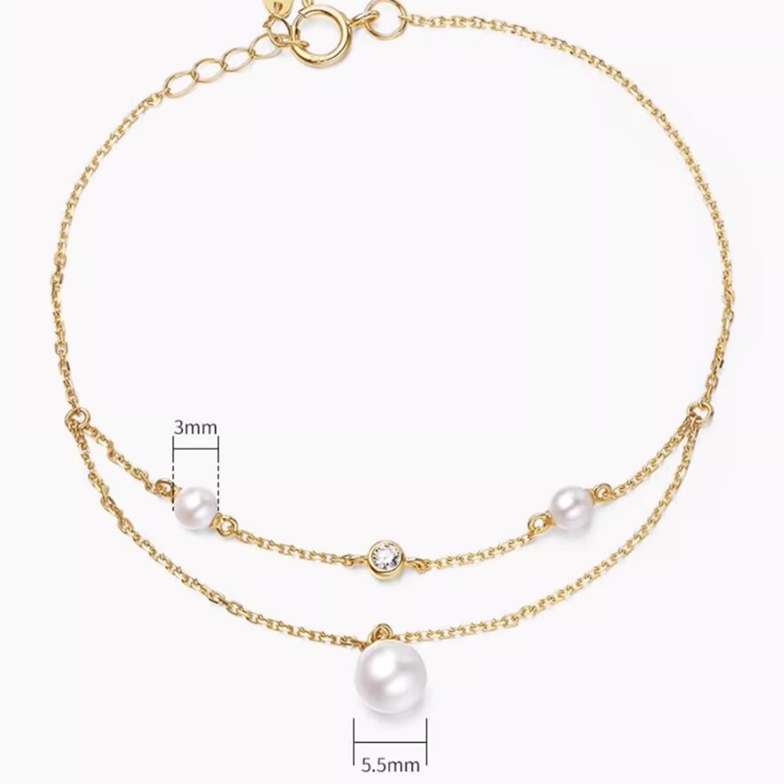 KnSam Bracciale da donna in oro giallo 9 K/14 K/18 carati, con perle, doppio strato 3-3,5 mm/5,5 – 6 mm, taglio rotondo, bianco, con moissanite 18/14/9 carati