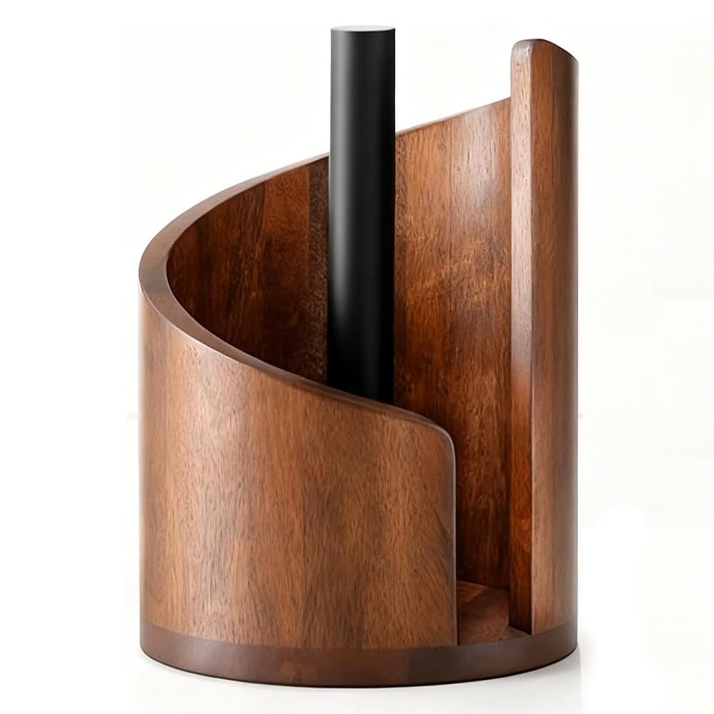 UDSKNV[KSL Wood Round Base and Iron Holder Mountain Paper Towel Holder Countertop for Kitchen Roll Organizer Stand C