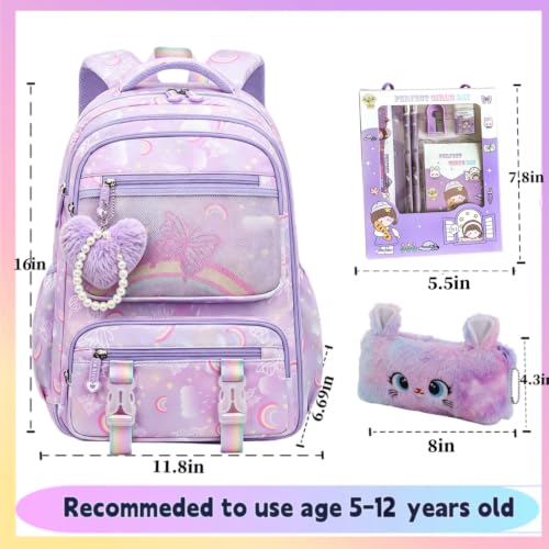 Image of Kids Backpack for Girls.Girls Backpack,School Bag for Kids.GirlsTeens Middle Student,Kawaii Children's Book Bag Rainbow Butterfly Purple