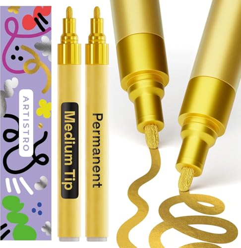 Artistro Marcador Permanente Dorado 2 Piezas – Marcadores Impermeables para Neumáticos, Tela, Piedra, Vidrio, Cerámica, Madera, Papel – Pintura al Aceite Punta Media 3 mm
