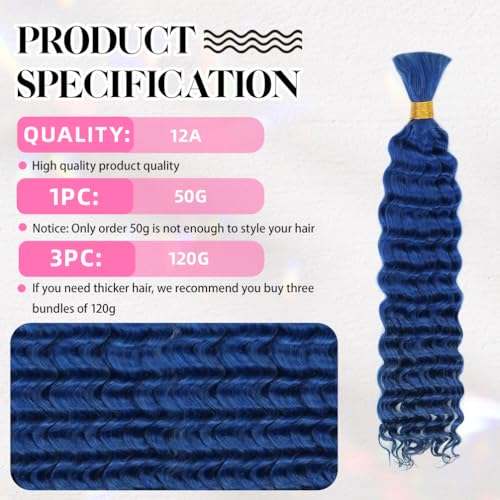 10 Inch Deep Wave Human Braiding Hair for Boho Braids – 50g 1 Bundles/Pack Blue 100% Unprocessed 12A Brazilian Virgin Human Hair Bulk, No Weft, Wet & Wavy Curly Extensions — view 5