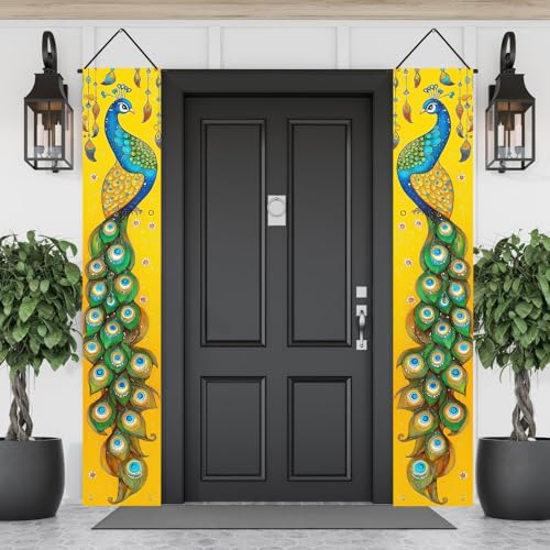 Image of BlissYard 2pcs Spring Summer Door Banner Stained Peacock Porch Banner Hanging Porch Banner Summer Decor for Outside Seasonal Outdoor Indoor Elegant Home Decoration Supplies