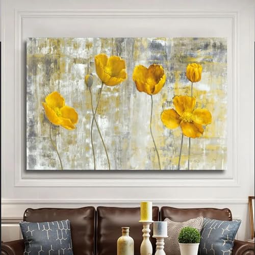Peinture sur toile abstraite fleurs jaunes pour habiller un mur vide de salon