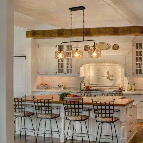 Image of 36 inch Linear Chandelier with Clear Rippled Glass Shades 3-Light Black Linear Pendant Light, Industrial Hanging Chandelier for Kitchen Island, Dining Room, Living Room, Pool Table