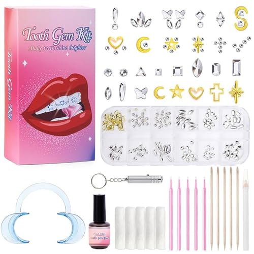 Tooth Gems Kit Fashionable DIY Teeth Jewelry with Shiny Crystals 12+ Shapes Temporary Teeth Gems Kit Gold and Silver