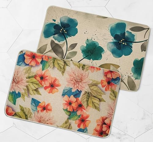 Image of Yellow Weaves 2 Pcs Jute Texture Non-Slip Bathmat, Water Absorbent Floor mat, Rugs, Door Mats for Bathroom, Living Room, Bedroom, Entrance, Outdoor, Kitchen, Office (Teal Blue Floral & Multi Floral)