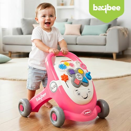 Image of Baybee Oleo Baby Walker for 6-18 Months | Activity Push Walker with Music & LED Lights | Stable Wheels, Easy Grip Handle | Educational Walker for Boys & Girls 0-2 Years (Lite Pink)