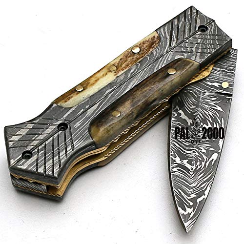 PAL 2000 KNIVES Mmsn-8897 - Damascus Folding Knife - Handmade Damascus Steel - Hunting Knife - Damascus Pocket Knife