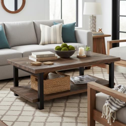 Image of Alaterre Furniture Pomona Solid Wood Coffee Table, Rustic Brown, 48 inch | Large Rectangular Center Table with Storage Shelf and Metal Legs, Rustic Industrial Farmhouse Living Room Table