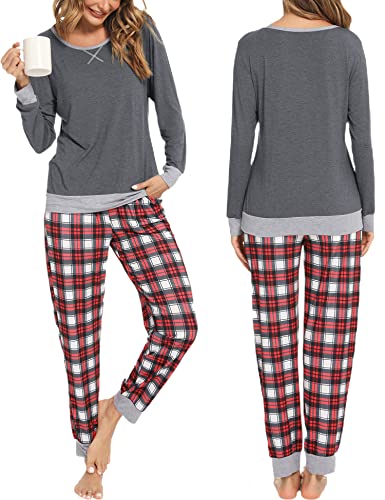 Swomog Womens Buffalo Plaid Pajamas Ladies Pj Bottoms And Tops Soft Cotton Sleepwear Set Winter Pajamas Women Pjs With Pocket (Deep Grey,X-Large) #TOP2