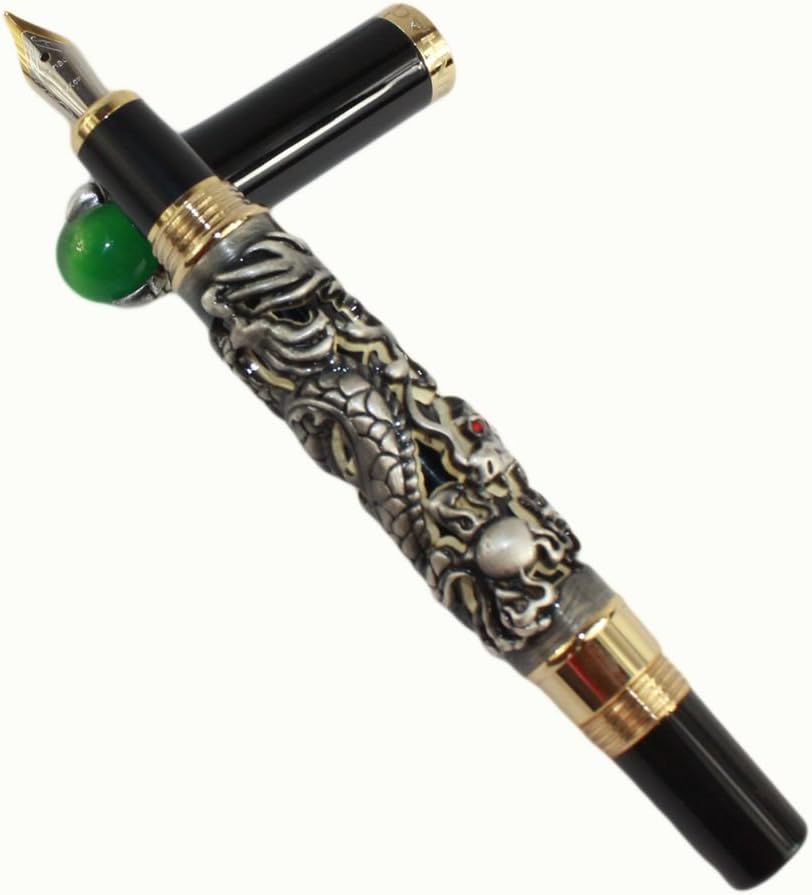 Gullor Antique Silver Chinese Ming Dynasty Emperor Style Dragon Play Jade Ball Fountain Pen Medium Nib