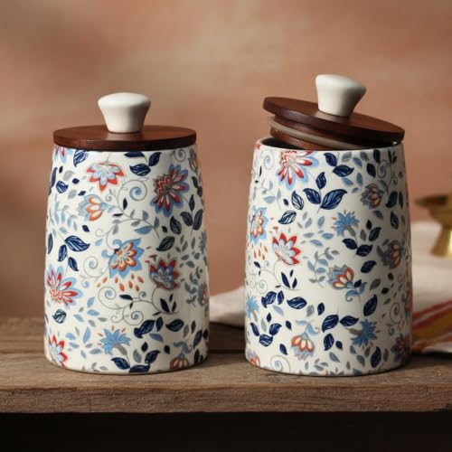 Image of Vistas 'Blue Bloom' Airtight 450ml Set of 2 Straight Ceramic Jar for Kitchen Storage | Handcrafted Ceramic Barni with Wooden Lid | Multipurpose Pickle, Spice, Salt, Sugar, Coffee & Achar Container.