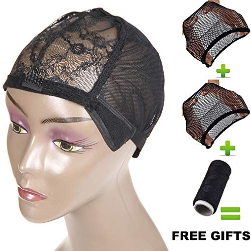 Feelgrace 2pcs Lace Wig Cap for Making Wigs with Adjustable Straps and Mesh Dome Style Black Mesh Open End Caps Natural for Long Hair