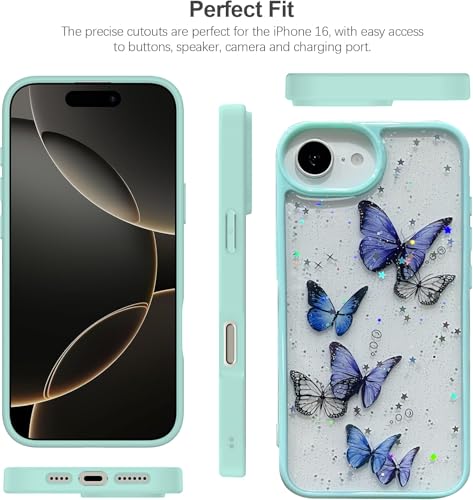 Image of VONZEE Clear Glitter Butterfly Case for iPhone 16e /17e Cover | Cute Bling Sparkle Transparent Soft TPU Bumper | Shockproof Slim Protective Back Cover for Girls & Women (Mint Green)