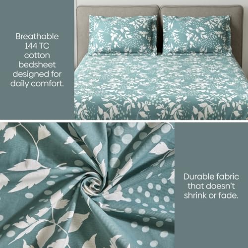 Image of Haus & Kinder King Size Bedsheet for Double Bed with 2 Pillow Covers 108 x 108 Inches | 144 TC Cotton Bedsheet for King Size Bed - Green Foliage